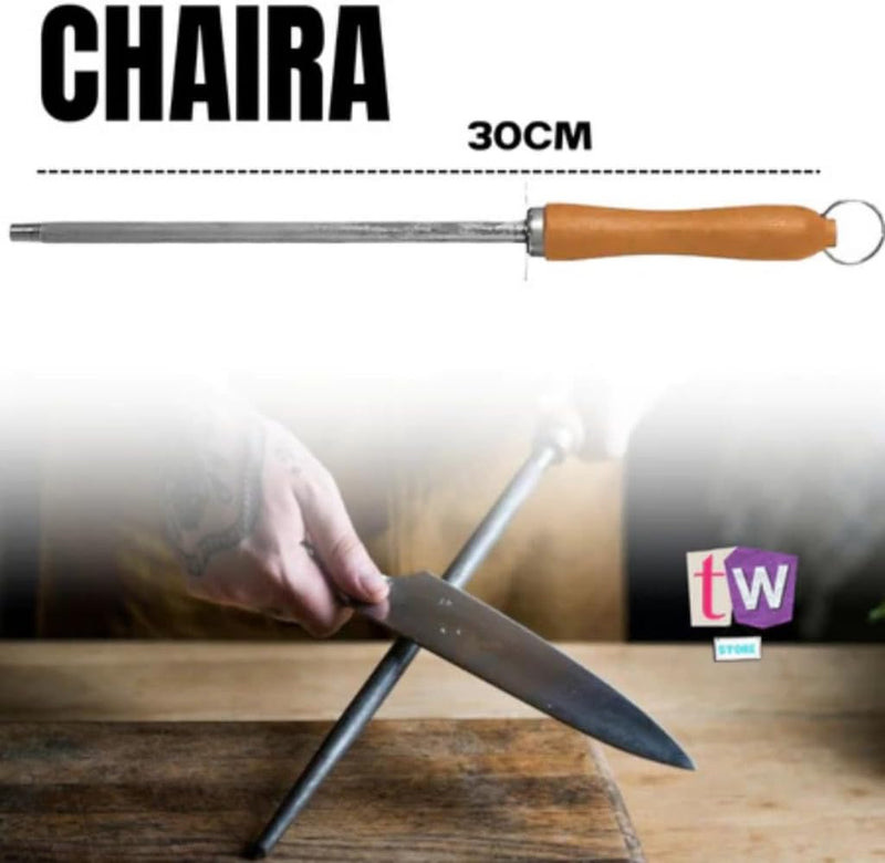 Kit para Churrasco 4 Peças, Faca, Garfo 26cm, Chaira, Tábua de Bambu com Sulco e Alça em Aço