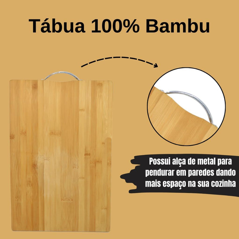 Kit para Churrasco 4 Peças, Faca, Garfo 26cm, Chaira, Tábua de Bambu com Sulco e Alça em Aço